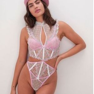 For Love And Lemons Pink and White Lace Lingerie Set